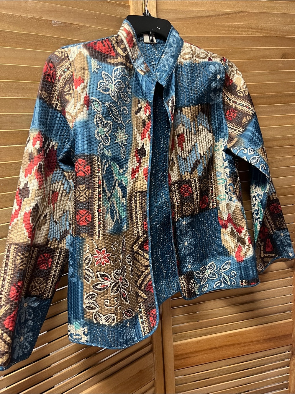 Alfred Dunner Blue, Brown and Red Patchwork Quilted Jean Jacket
